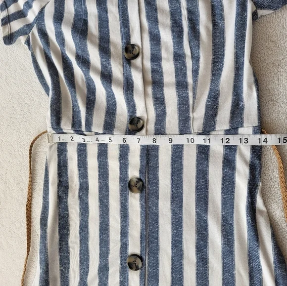 Derek Heart Blue Striped Belted Summer Dress Button Down Off Shoulder Option - Picture 7 of 9